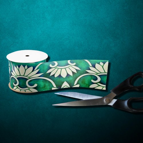 Chinese floral in blue _green satin ribbon