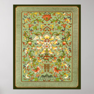 Chinese Floral Peony Scrolls on Jade Poster