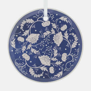 Chinese Floral Round: Blue Watercolor Vintage Glass Ornament
