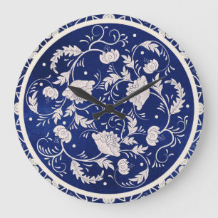 Chinese Floral Round: Blue Watercolor Vintage Large Clock