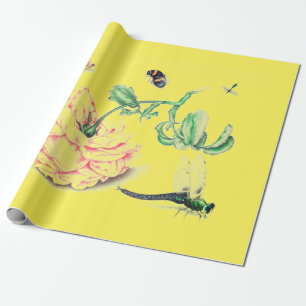 Chinese FLOWER WITH INSECTS YELLOW WRAPPING PAPER