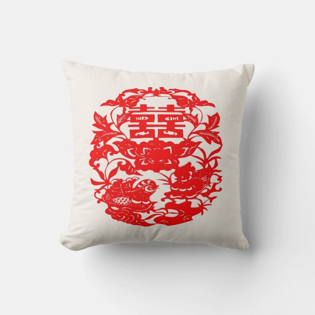 Chinese Folk Art Double Happiness Love Birds Throw Pillow (Front)