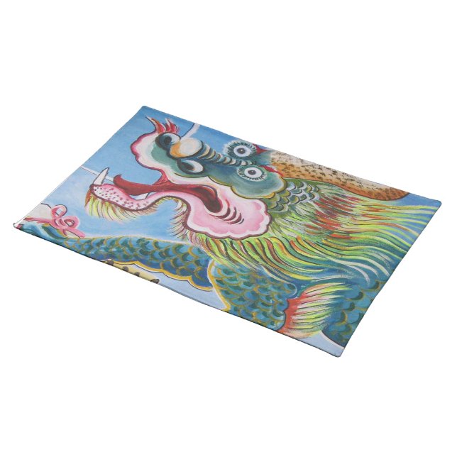 Chinese Foo Dog / Lion Guardian Mural Cloth Placemat (On Table)