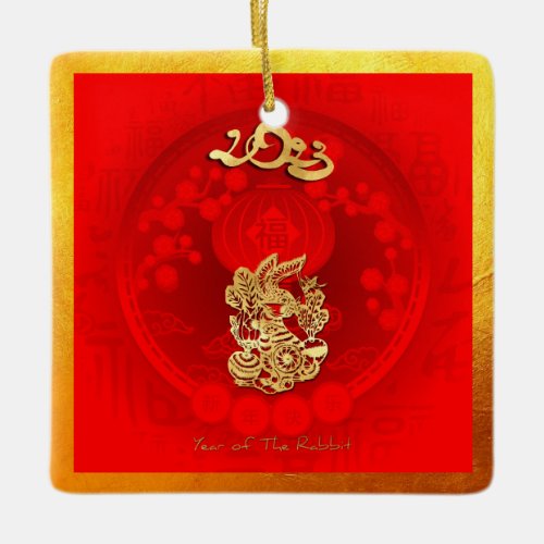 Chinese FU Luck lantern Rabbit Year greeting SqCO3 Ceramic Ornament