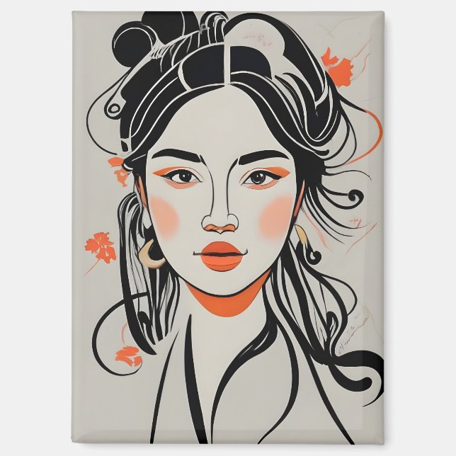 Chinese girl drawn with black ink pen, geisha magnet (Front)