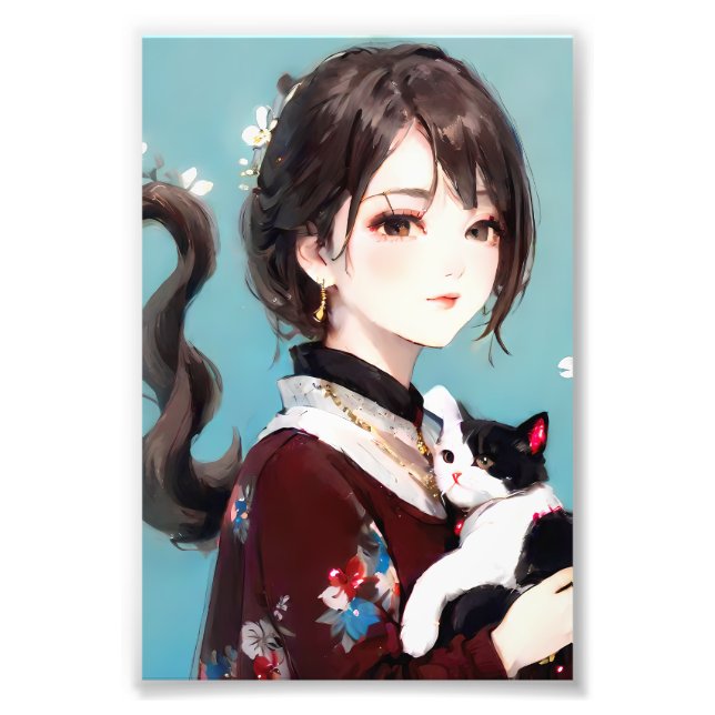 Chinese Girl Hugging a Kawaii Cat Photo Print (Front)