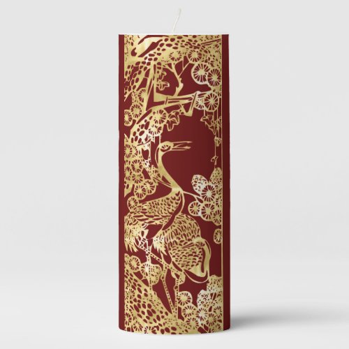 Chinese Gold Cranes On Red Pillar Candle