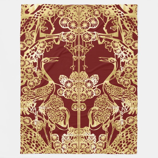 Chinese Gold Cranes Over Red Fleece Blanket (Front)