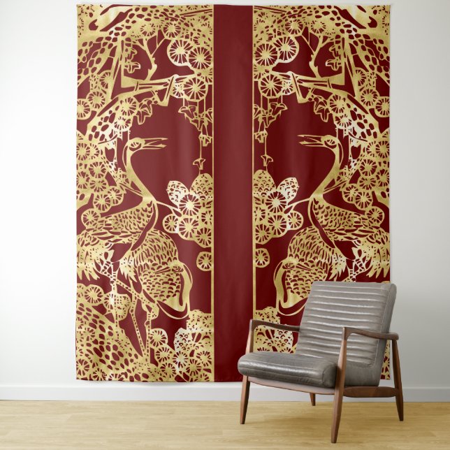 Chinese Gold Cranes Over Red Tapestry (In Situ)