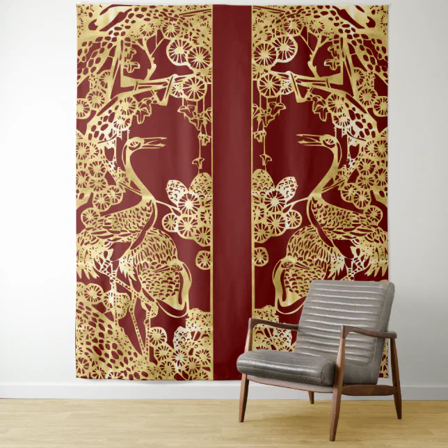 Chinese Gold Cranes Over Red Tapestry | Zazzle