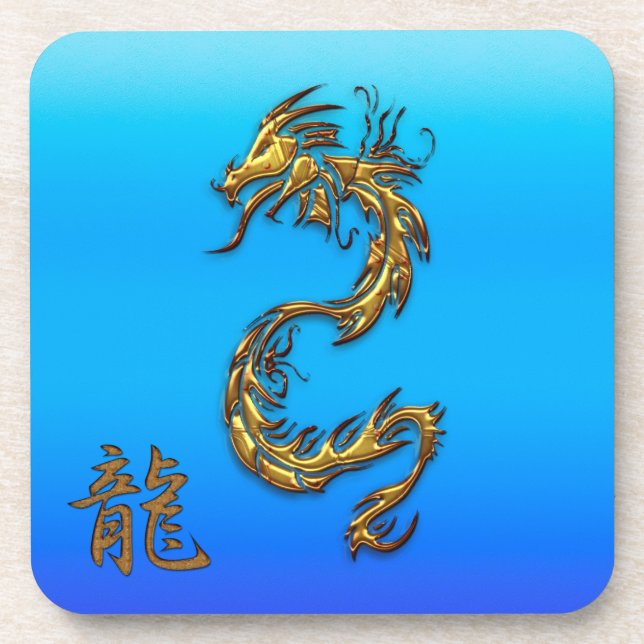 Chinese Golden Dragon on Blue Drink Coasters (Front)
