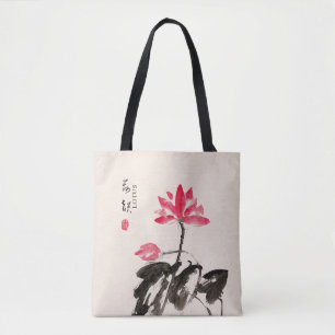 Chinese Hand painted Watercolor Floral Lotus Tote Bag