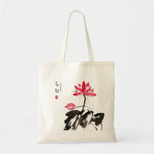 Chinese Hand painted Watercolor Floral Lotus Tote Bag