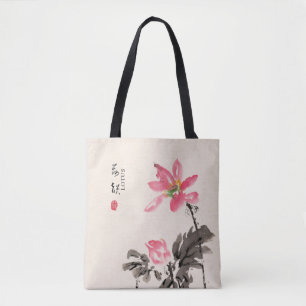 Chinese Hand painted Watercolor Floral Lotus Tote Bag