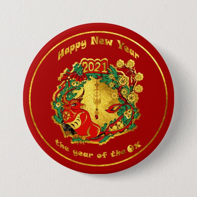 Chinese Happy New Year of The Ox Button (Front)
