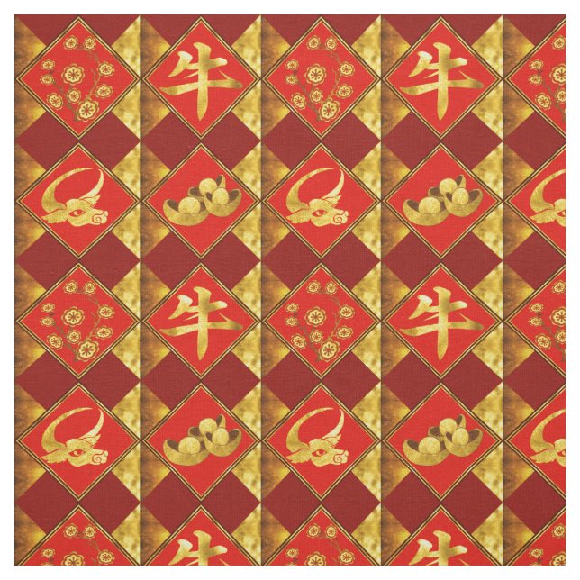 Chinese Happy New Year of The Ox Pattern Fabric (Swatch)