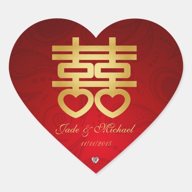 Chinese "Heart" Double Happiness w/ diamonds Heart Sticker (Front)