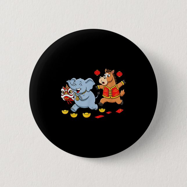 Chinese Horse Elephant Funny Kids Mens Womens Happ Button (Front)