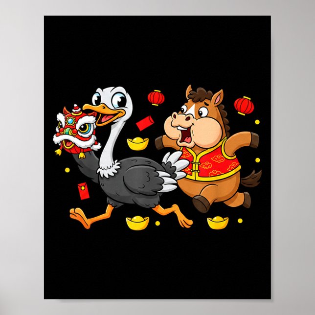 Chinese Horse Ostrich Funny Kids Mens Womens Happy Poster (Front)