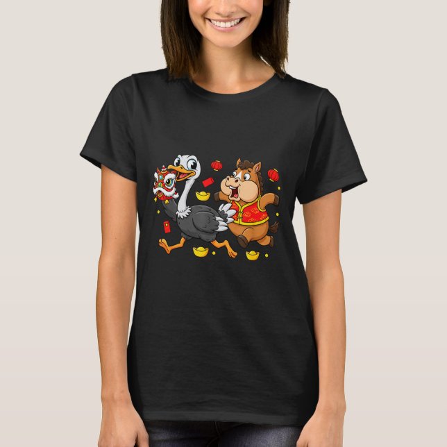 Chinese Horse Ostrich Funny Kids Mens Womens Happy T-Shirt (Front)