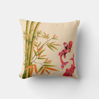 Chinese ink art bamboo red koi carps ethnic design throw pillow