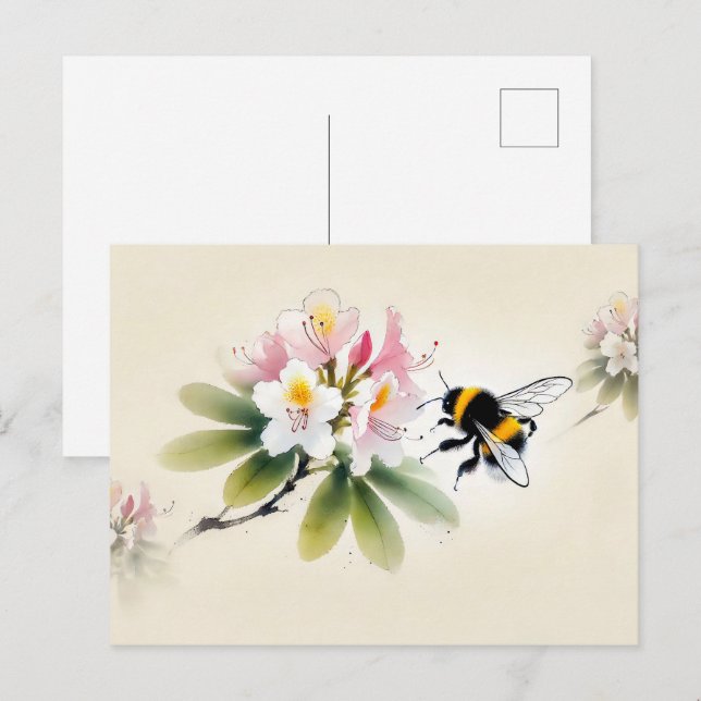 Chinese Ink Bumblebee on Rhododendron Postcard (Front/Back)