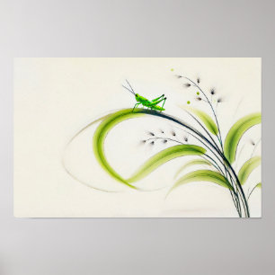 Chinese Ink Grasshopper on Grass Poster