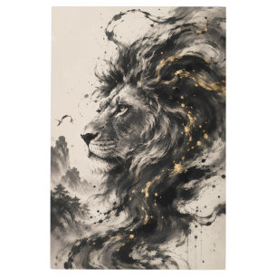 Chinese Ink Lion Portrait – Majestic Sumi-e Wildli Metal Print