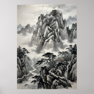 Chinese Ink Mountain Landscape Poster East Asian