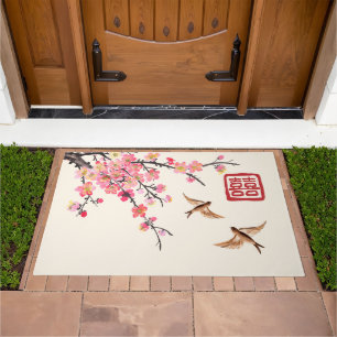 Chinese ink painting floral bird wedding doormat