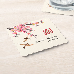 Chinese ink painting floral bird wedding paper coaster