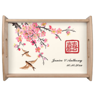Chinese ink painting floral bird wedding  serving tray
