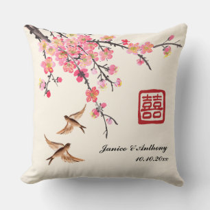 Chinese ink painting floral bird wedding throw pillow