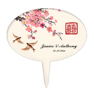 Chinese Ink painting flowers and birds wedding Cake Topper