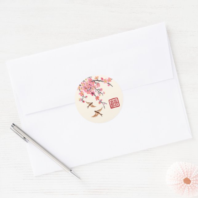Chinese Ink painting flowers and birds wedding Classic Round Sticker (Envelope)