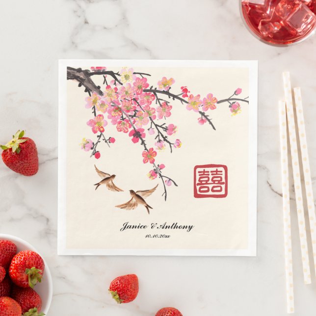 Chinese Ink painting flowers and birds wedding Paper Dinner Napkins (Insitu)