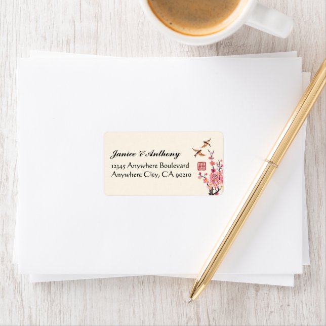 Chinese ink painting flowers birds wedding address label (Insitu)