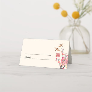 Chinese ink painting flowers birds wedding place card