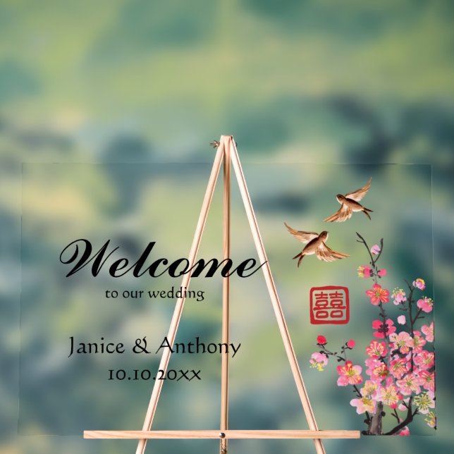 Chinese ink painting flowers birds wedding welcome acrylic sign (Neutral)