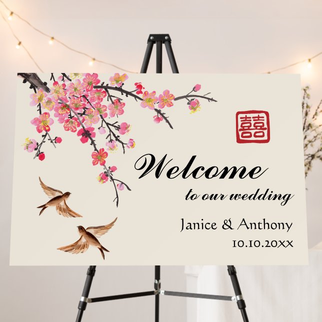 Chinese ink painting flowers birds wedding welcome foam board (In Situ (Stand))