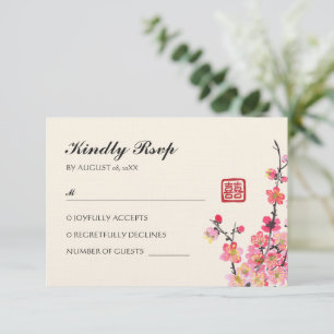 Chinese ink painting flowers wedding RSVP card
