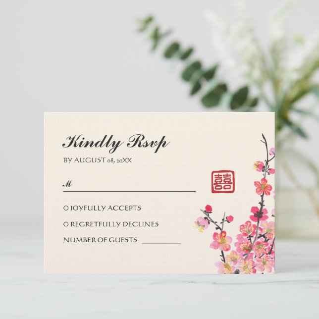 Chinese ink painting flowers wedding RSVP card (Standing Front)