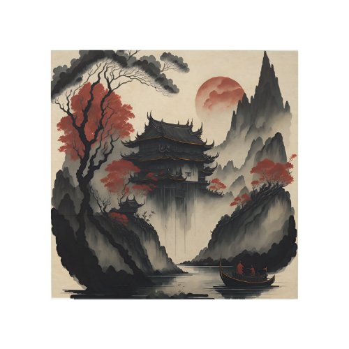 Chinese ink painting on scroll wood wall art