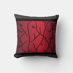 Chinese Ink Vines w/Black Strip- Burgandy Abstract Throw Pillow
