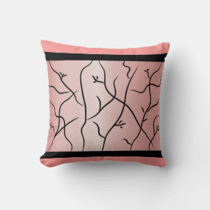 Chinese Ink Vines w/Black Strip- Pink Faux Silk Throw Pillow