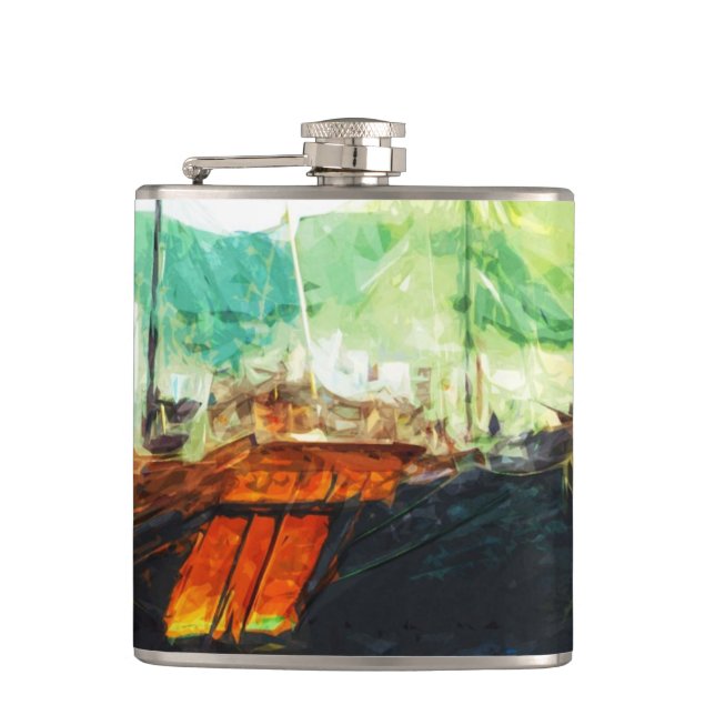 Chinese Junk in Hong Kong Harbor Abstract Hip Flask (Front)