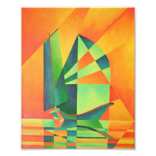 Chinese Junk Sails at Sunrise Orange And Green Photo Print