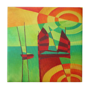 Chinese Junks On Still Waters Cubism Art Tile