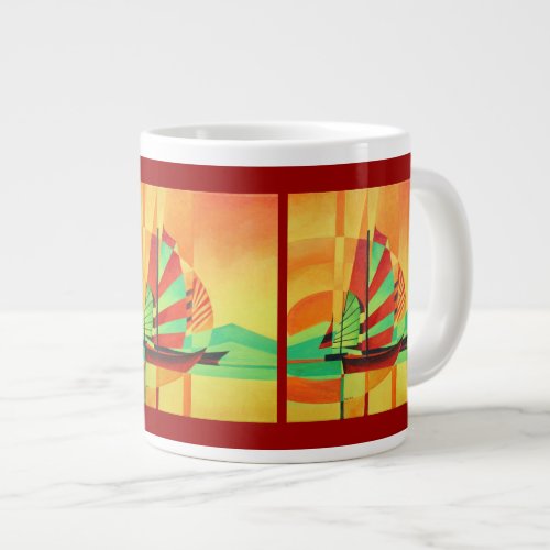 Chinese Junks Sail to Shore In Cubism Geo Art Large Coffee Mug