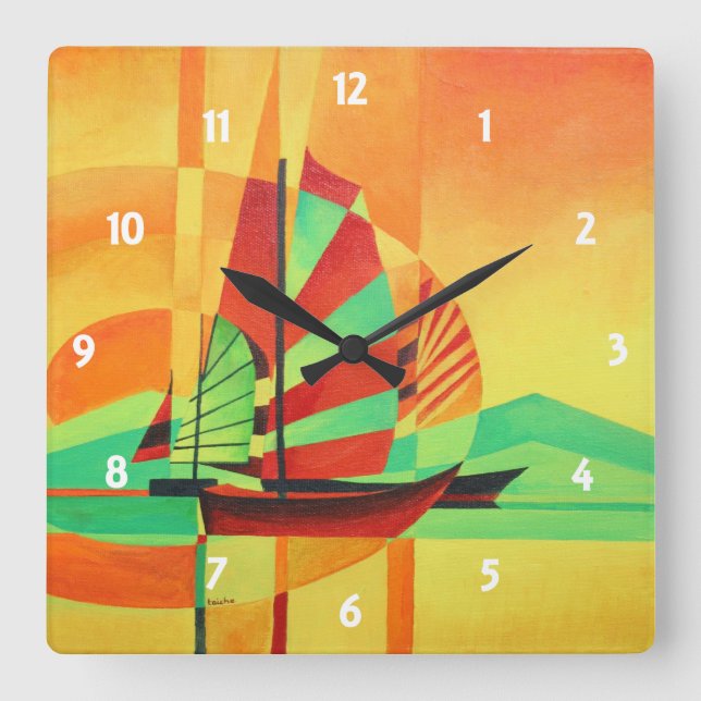 Chinese Junks Sail to Shore In Cubism Geo Art Square Wall Clock (Front)